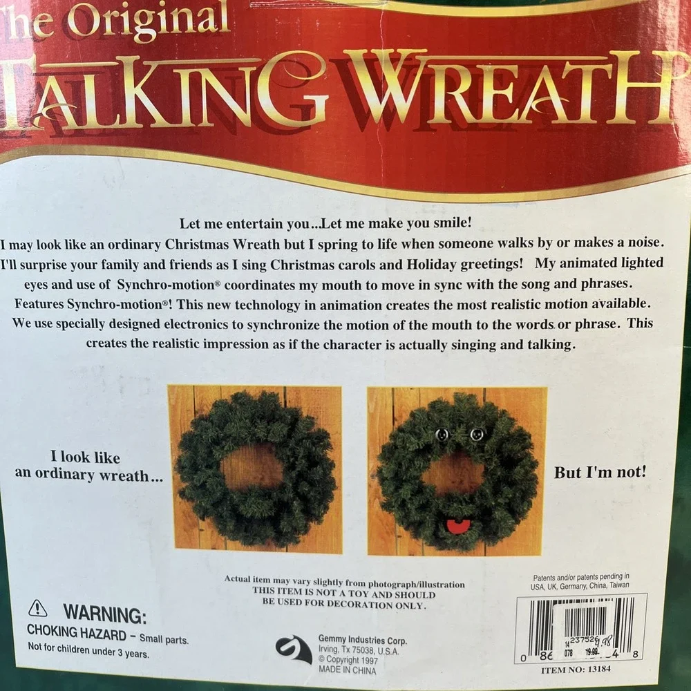 Vintage 1997 Gemmy The Original Talking Wreath Mouth , Eyes, & Sound All Work!